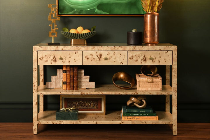 Three Drawer Console With Two Open Shelves In Burl Wood With Polished Brass Knobs - BRIAR BW