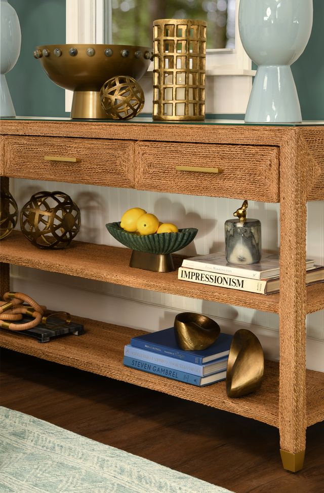 Three Drawer Console With Satin Brass Hardware And Foot Caps In Wrapped Rope - CASSIE