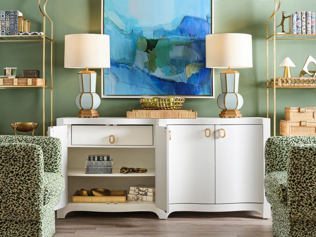 Curved Front Four Door Buffet In Textured White Linen With Satin Brass Ring Hardware - MIFFY WH