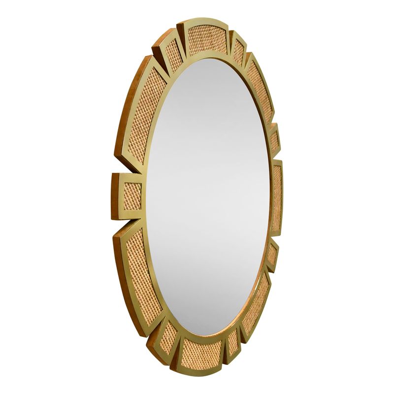 Round Modern Suburst Mirror With Framed Rattan In Brass - SUNDAY