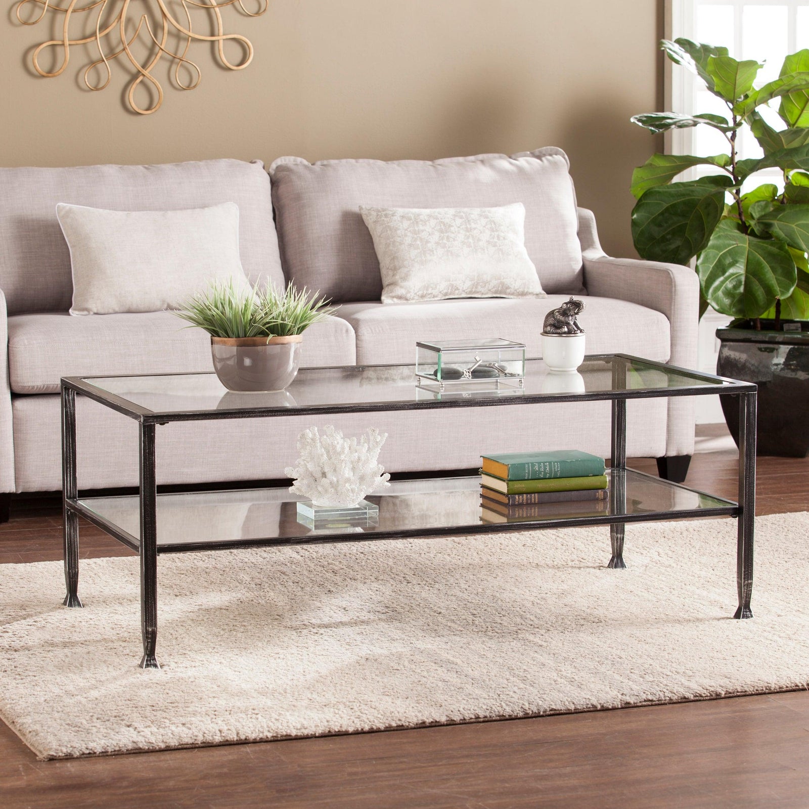 SEI Furniture Jaymes Metal/Glass Rectangular Open Shelf Cocktail Table - Black COFFEE TABLES