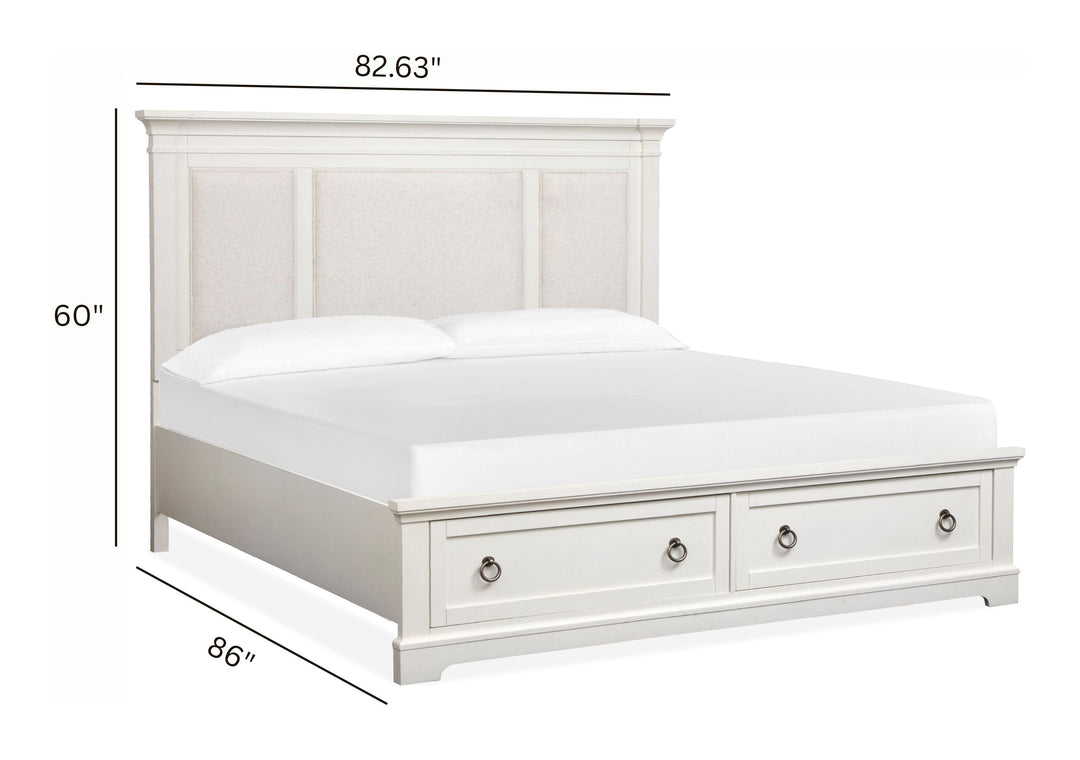 Kingston Whisper White And Cerused Nutmeg Upholstered Panel Storage Bed