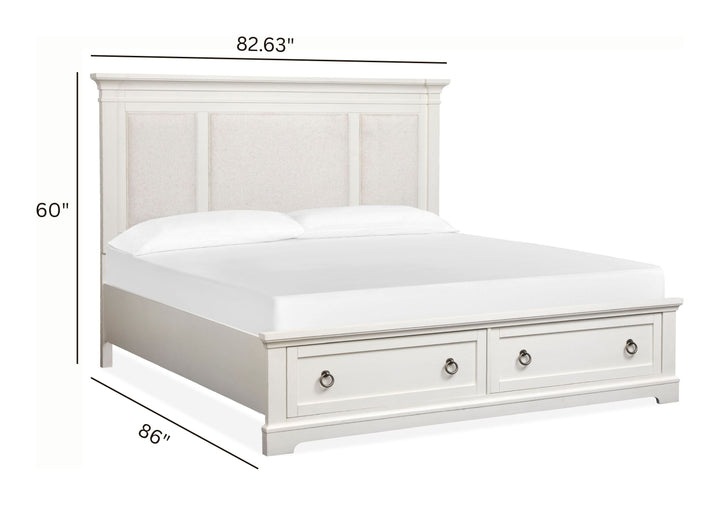 Kingston Whisper White And Cerused Nutmeg Upholstered Panel Storage Bed