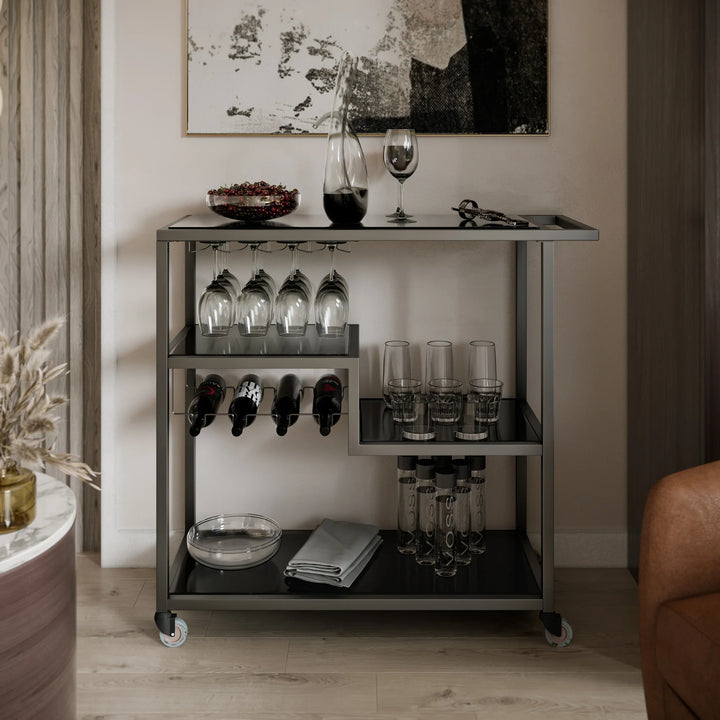 Holly & Martin Zephs Bar Cart - Gunmetal Gray w/ Black Glass - AmericanHomeFurniture