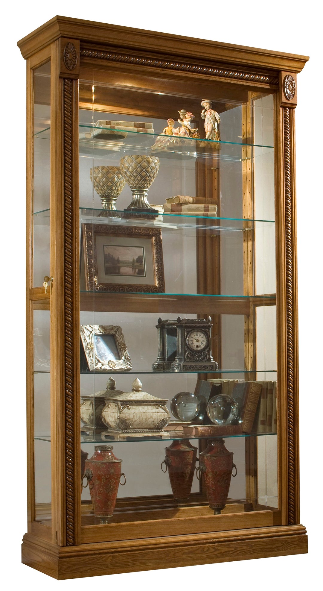 Curios Maple Brown Lighted Sliding Door 5 Shelf Curio Cabinet - 20484