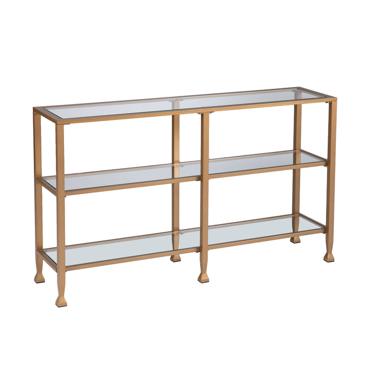 American Home Furniture | SEI Furniture - Jaymes Narrow Metal Console Table w/ Glass Shelves - Gold