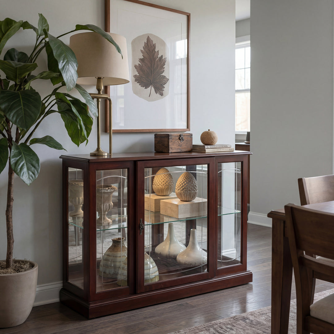 Curios Cherry Brown Lighted 1 Shelf Console Display Cabinet - 6705