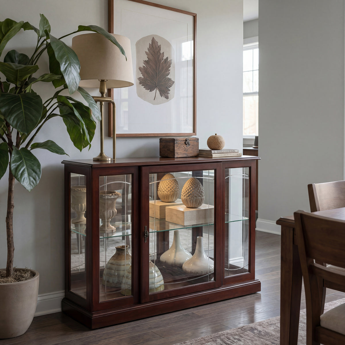 Curios Cherry Brown Lighted 1 Shelf Console Display Cabinet - 6705