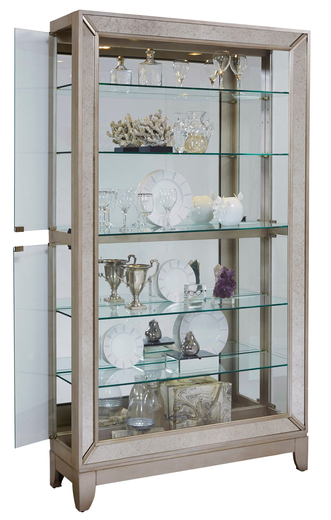 Curios Aged Silver Antique Style 5 Shelf Mirrored Curio Cabinet - 21384