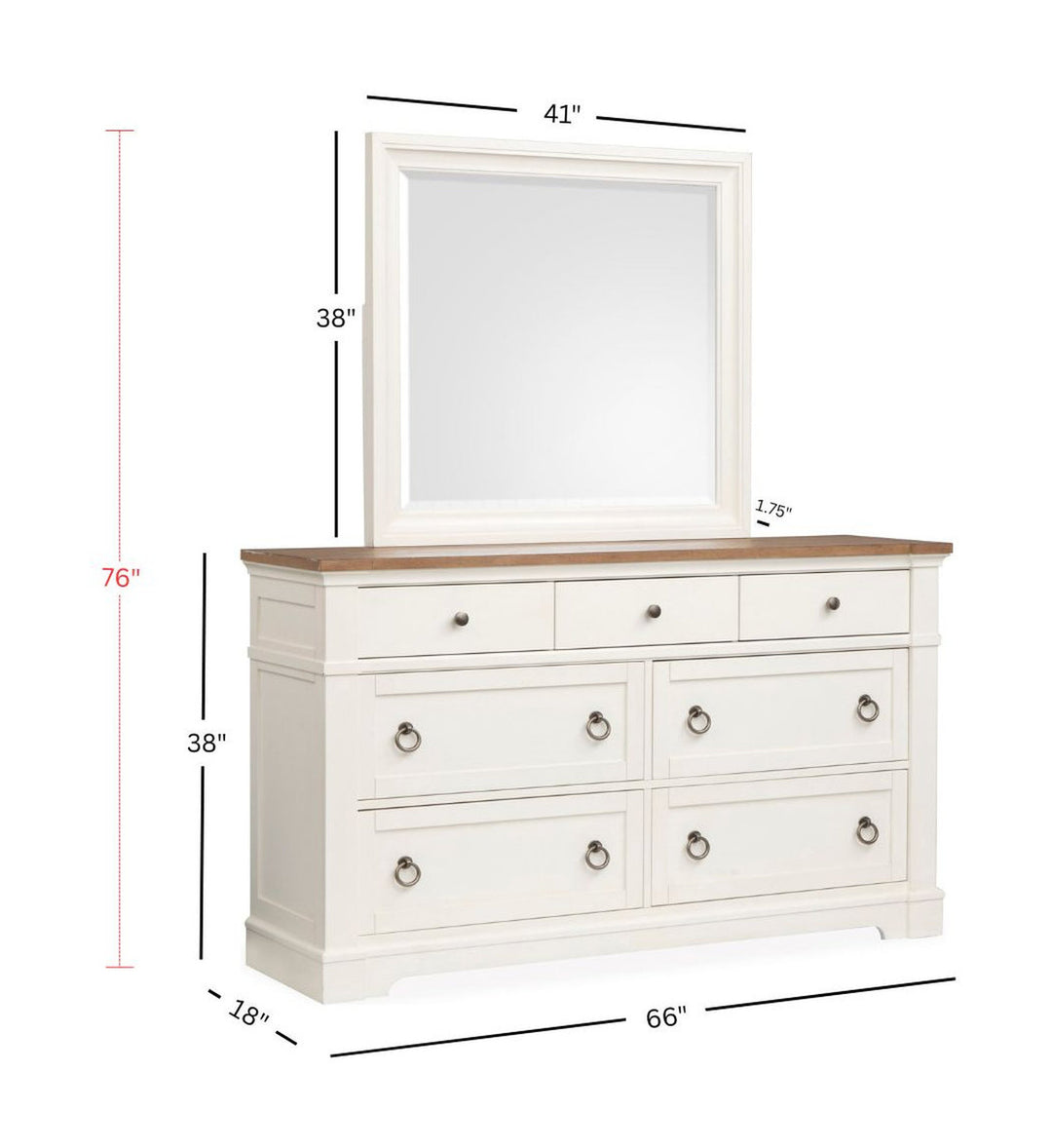Kingston Whisper White And Cerused Nutmeg Drawer Dresser With Landscape Mirror - B6407-2040