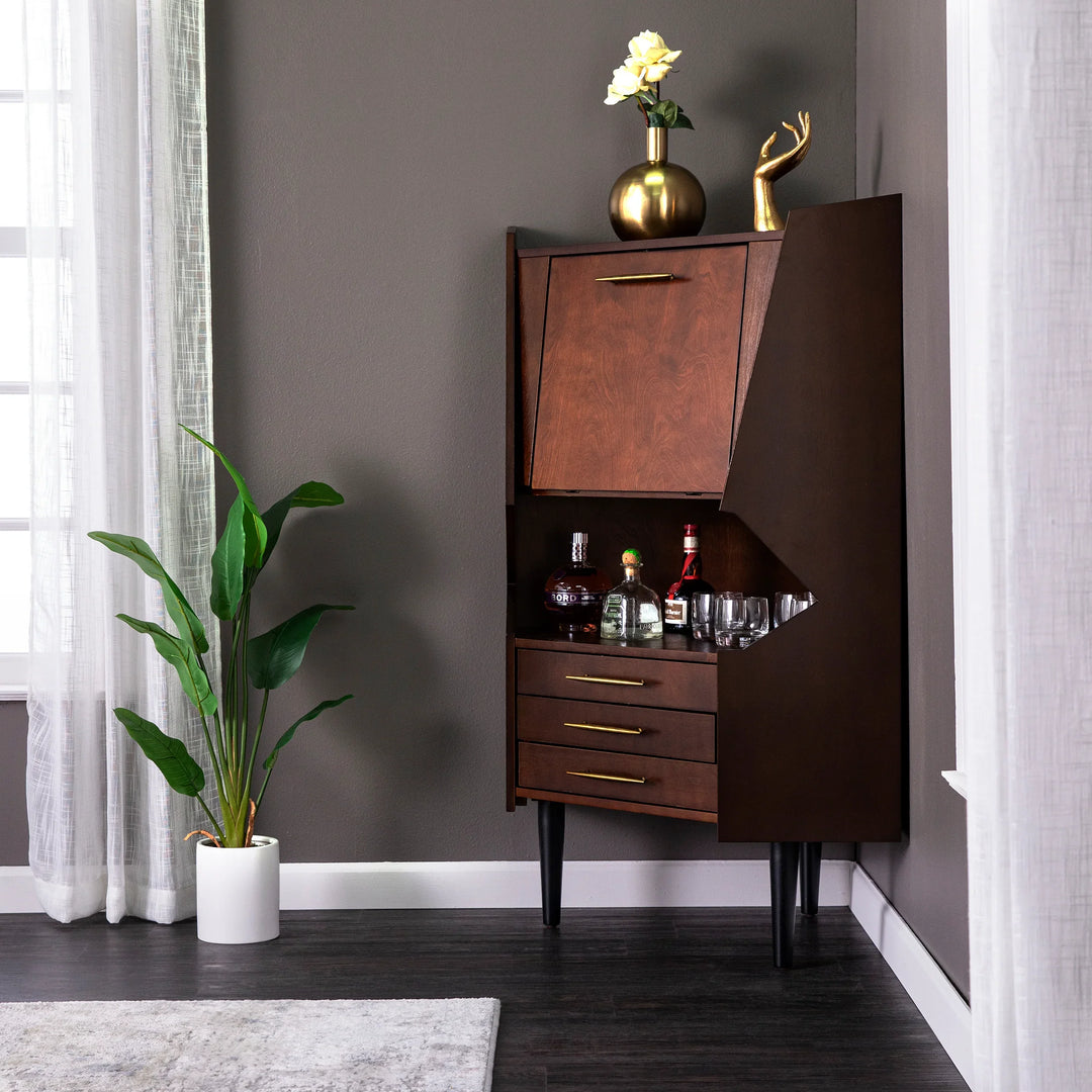 Larson Corner Bar Cabinet - Dark Tobacco - AmericanHomeFurniture