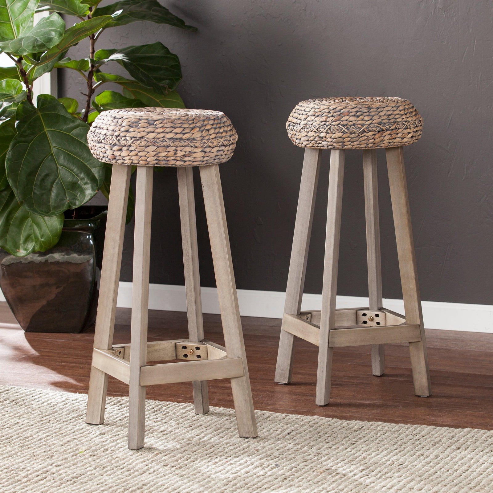 SEI Furniture Rutina Round Backless Water Hyacinth 30" Barstools 2pc Set - Weathered Gray BAR STOOLS + COUNTER STOOLS