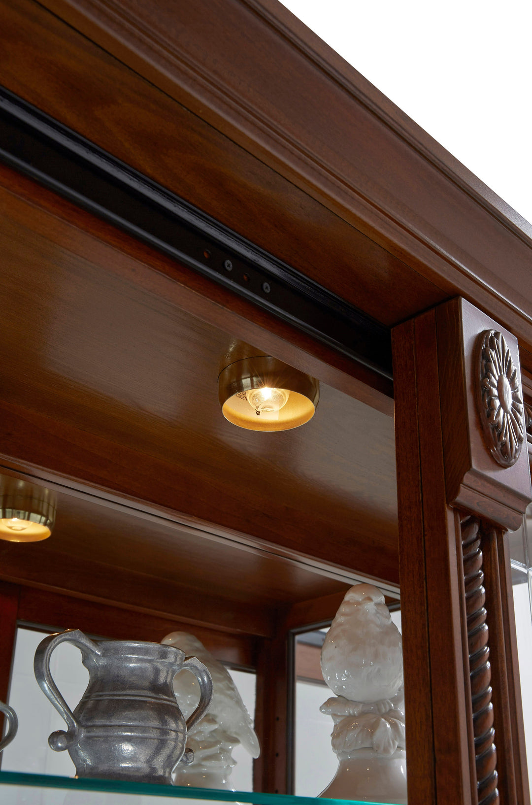 Curios Cherry Brown Lighted Sliding Door 5 Shelf Curio Cabinet - 20485