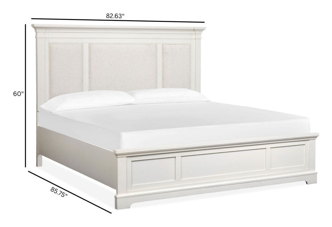 Kingston Whisper White And Cerused Nutmeg Upholstered Panel Bed