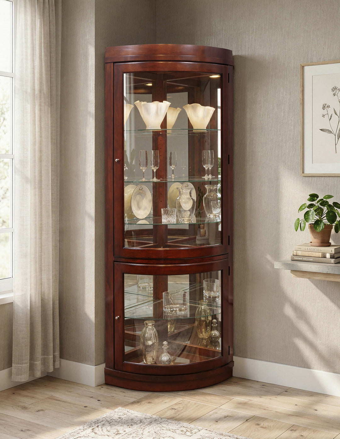 Curios Cherry Brown Curved 5 Shelf Corner Curio Cabinet - 20852