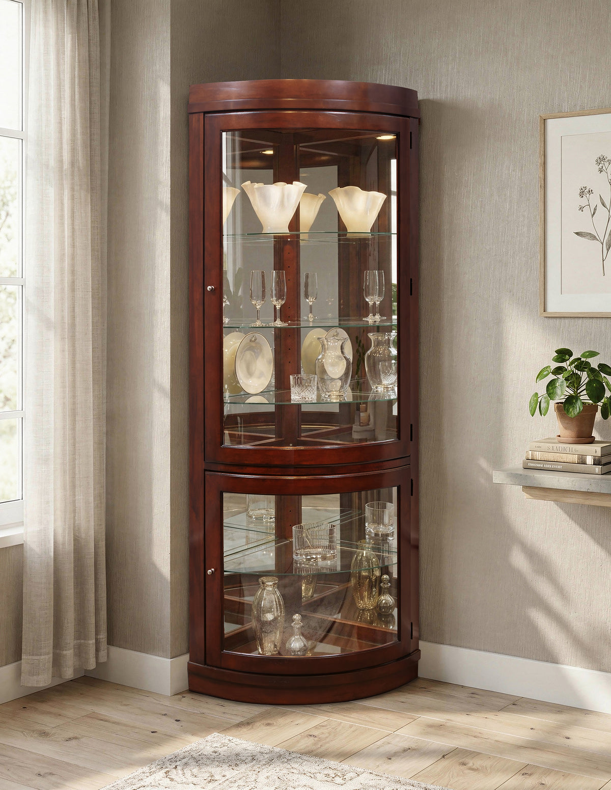 Curios Cherry Brown Curved 5 Shelf Corner Curio Cabinet - 20852