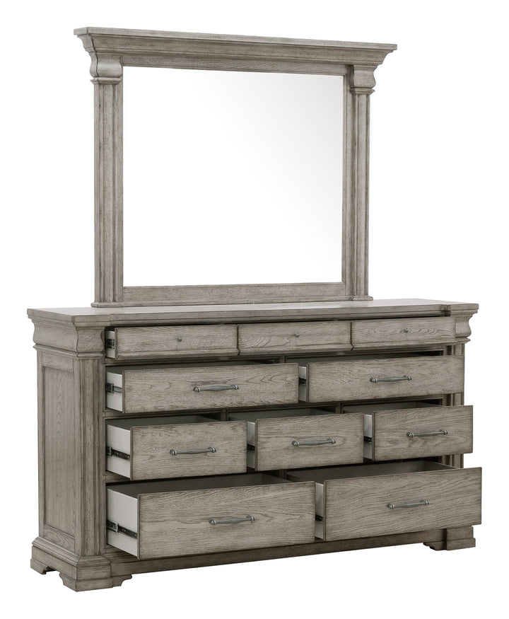 Madison Ridge Heritage Taupe 10 Drawer Dresser With Framed Mirror - P091-BR-K7
