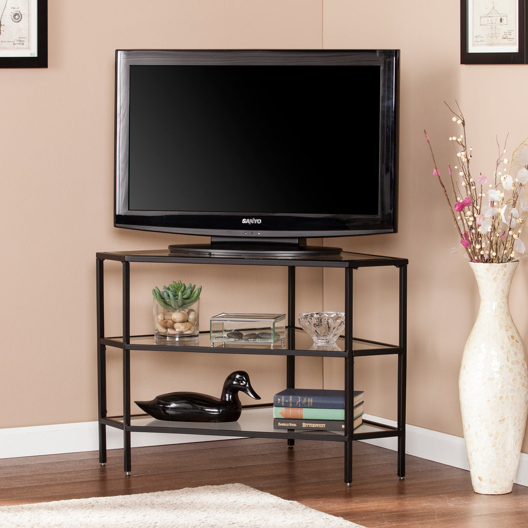 American Home Furniture | SEI Furniture - Niles Metal/Glass Corner TV Stand - Black