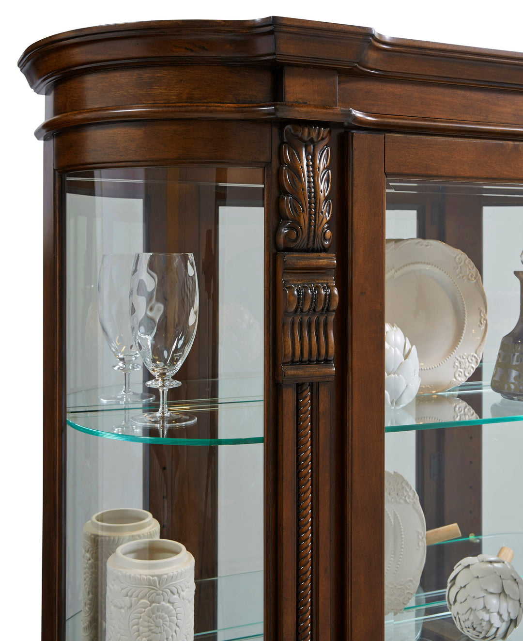 Curios Maple Brown Lighted Curved Front 4 Shelf Curio Cabinet - 102003