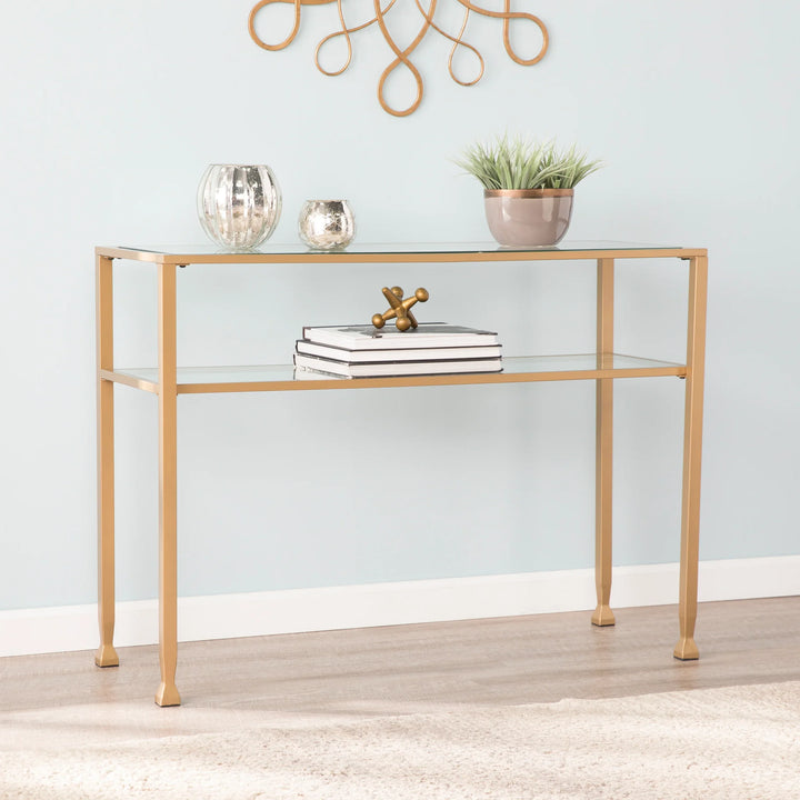 Jaymes Gold Metal and Glass Console Table - AmericanHomeFurniture