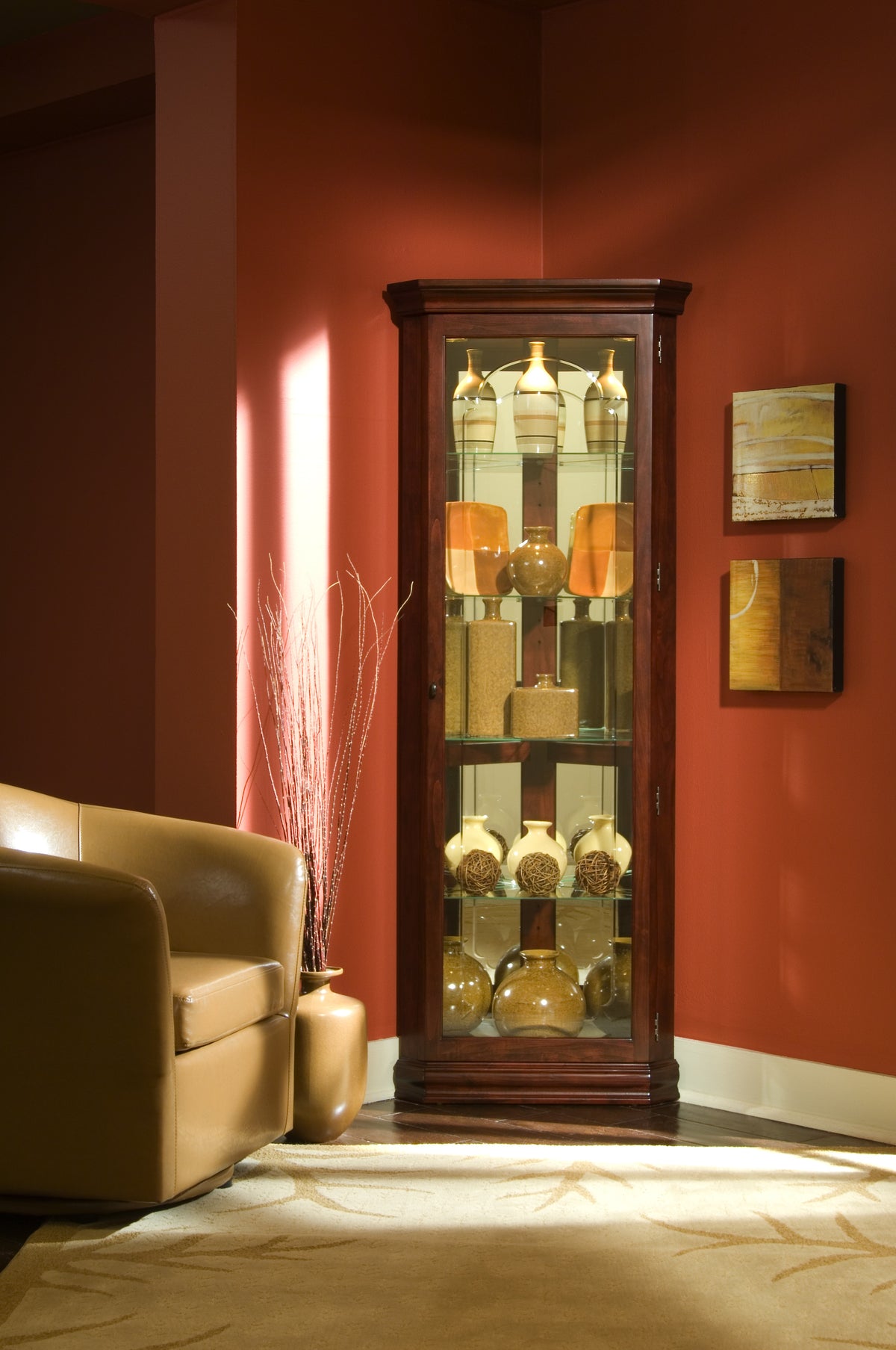Curios Victorian Brown Mirrored 4 Shelf Corner Curio Cabinet - 20205