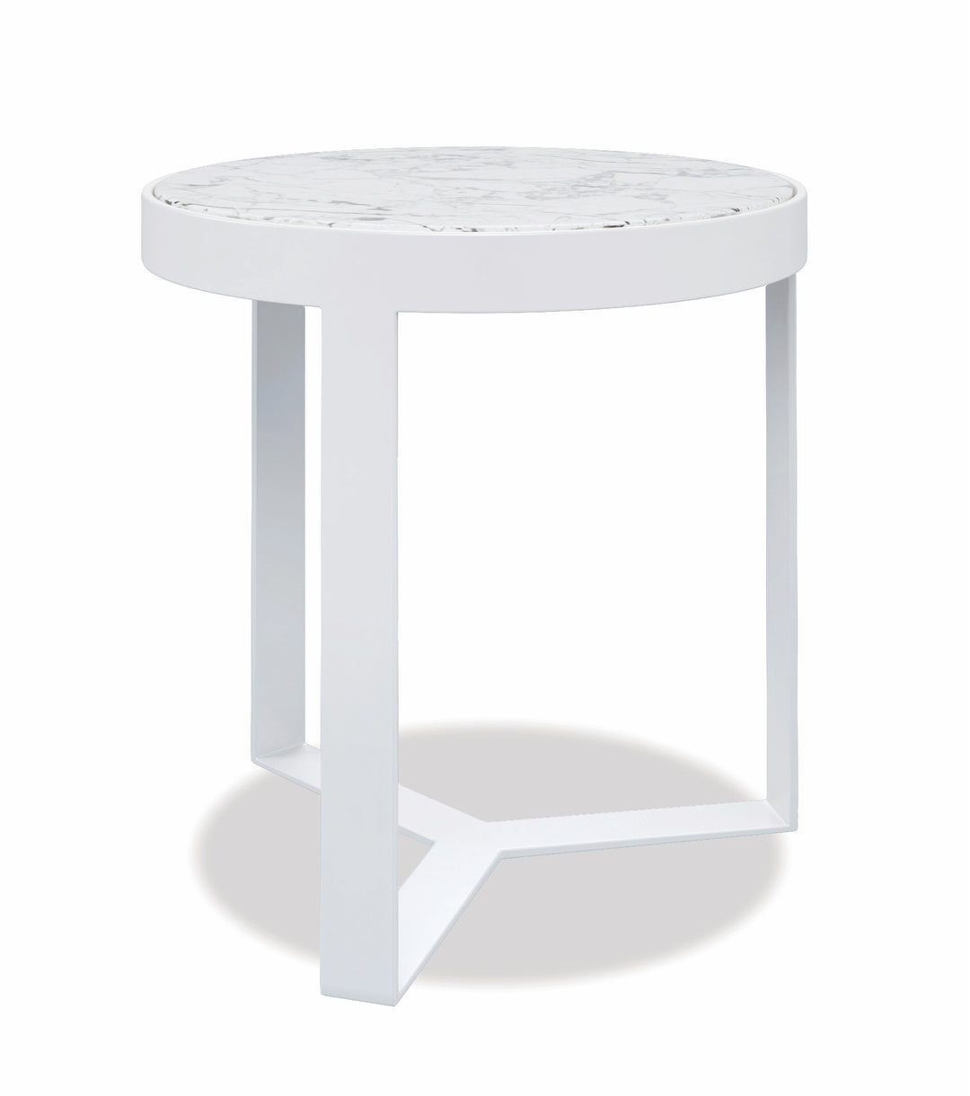 American Home Furniture | Sunset West - Contemporary 18" Round End Table, Frost Finish with Carrara Marble Top