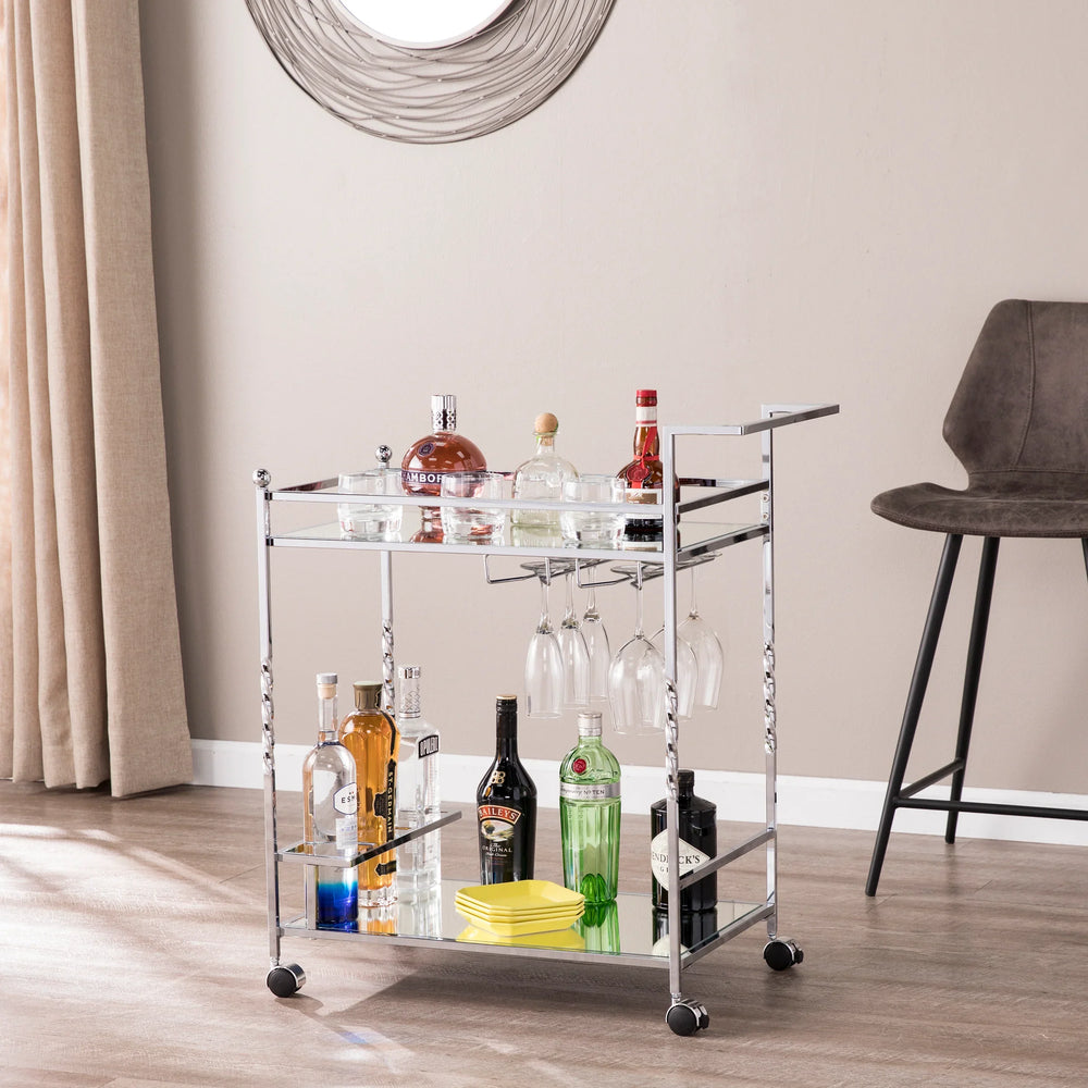 Ivers Metal Mirrored Bar Cart - Chrome - AmericanHomeFurniture