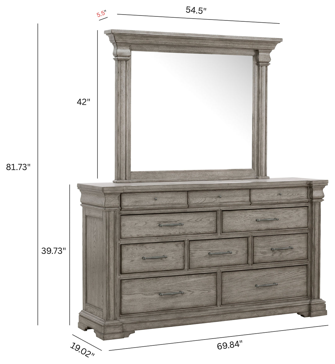 Madison Ridge Heritage Taupe 10 Drawer Dresser With Framed Mirror - P091-BR-K7