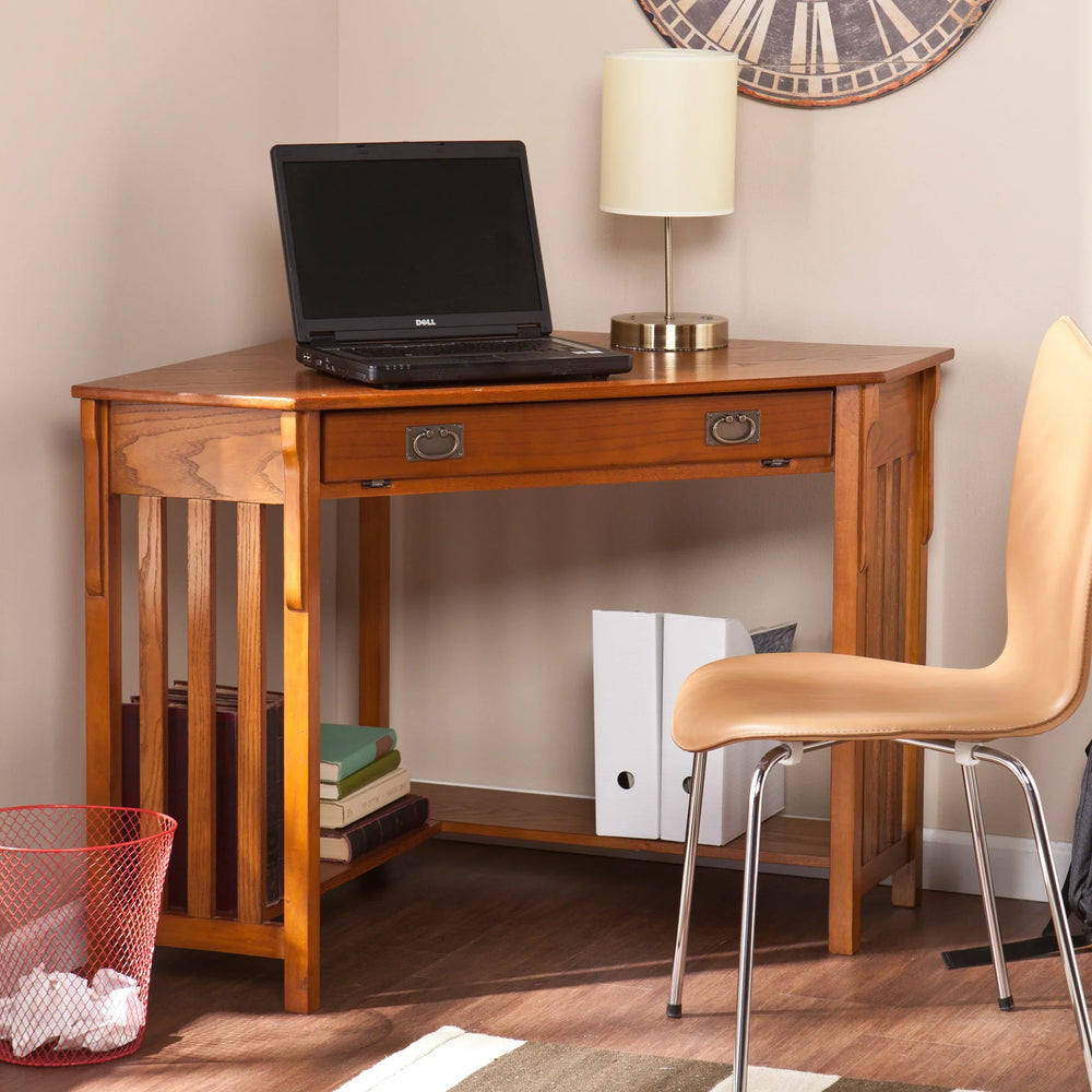 Hughton Corner Computer Desk - Mission Oak - AmericanHomeFurniture