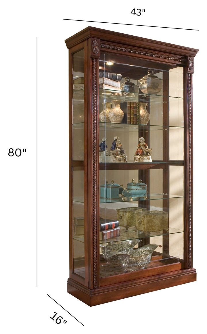 Curios Cherry Brown Lighted Sliding Door 5 Shelf Curio Cabinet - 20485