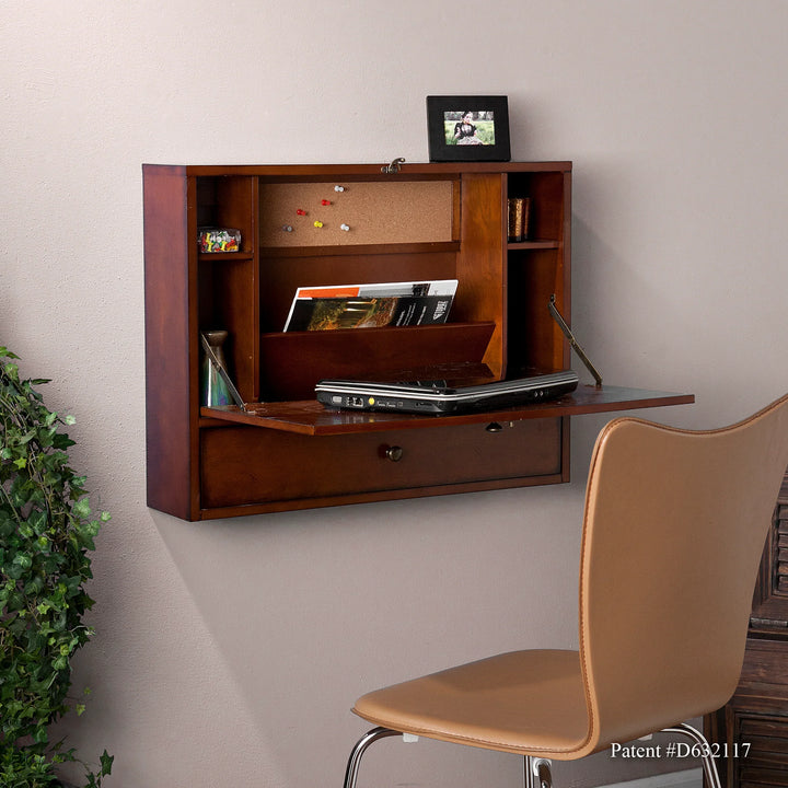 Benwick Wall Mount Laptop Desk - Brown Mahogany - AmericanHomeFurniture
