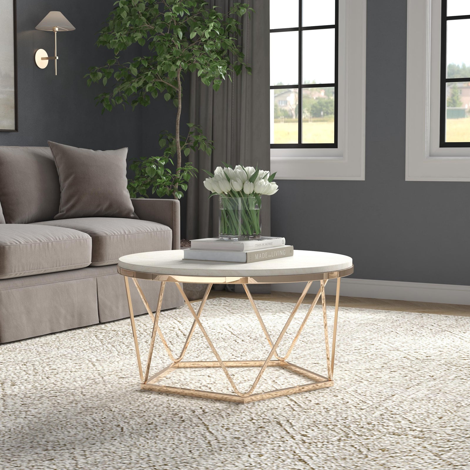 SEI Furniture Luna Round Faux Stone Coffee Table - Champagne COFFEE TABLES