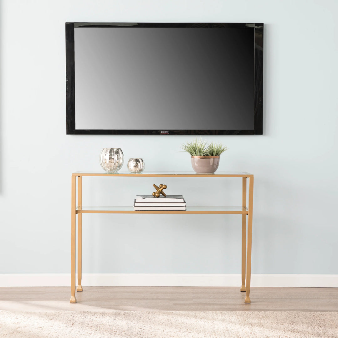 Jaymes Gold Metal and Glass Console Table - AmericanHomeFurniture
