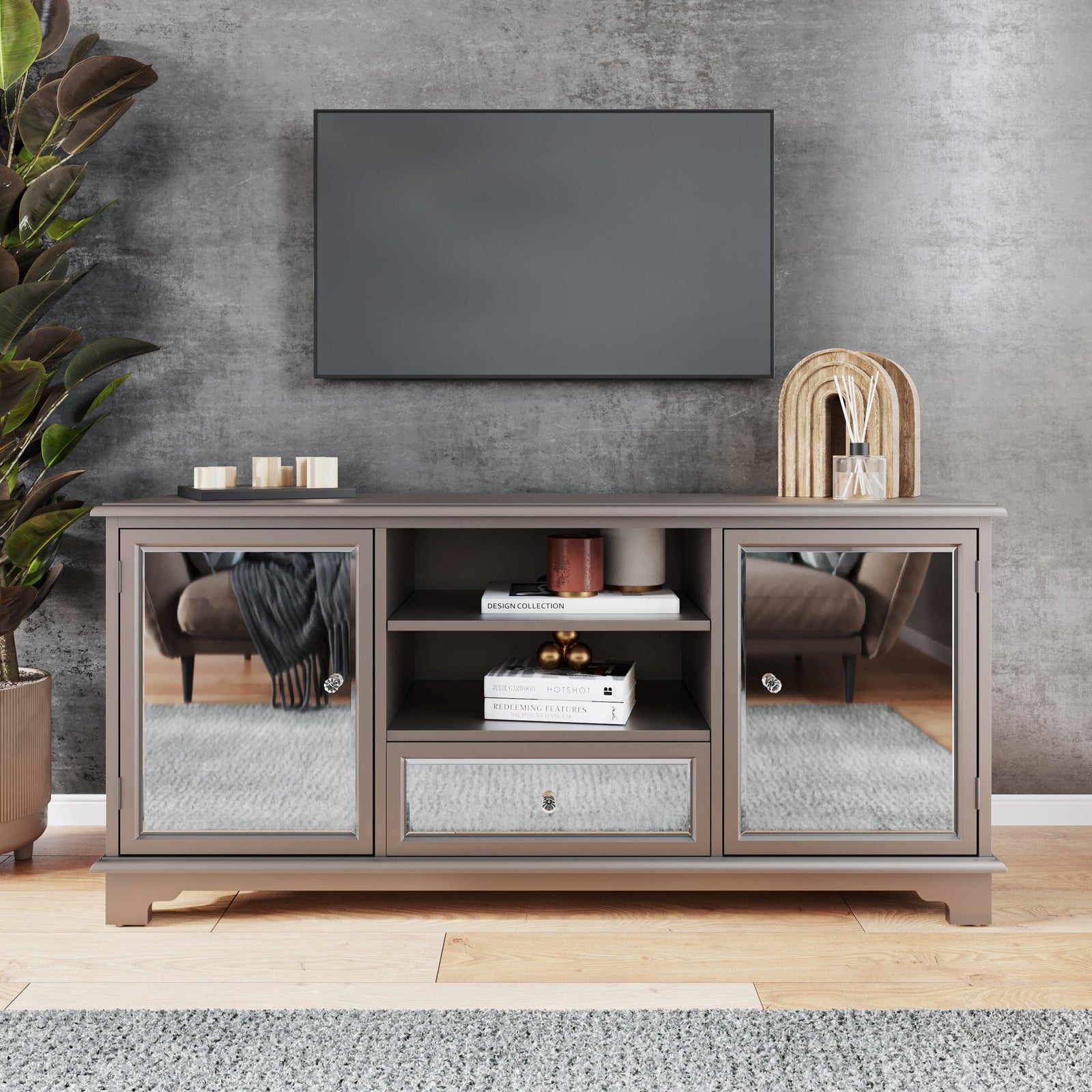 SEI Furniture Mirage Mirrored TV Stand MEDIA + TV STANDS