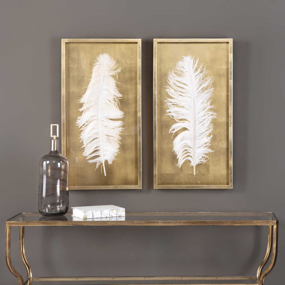 White Feathers Gold Shadow Box S/2 - AmericanHomeFurniture