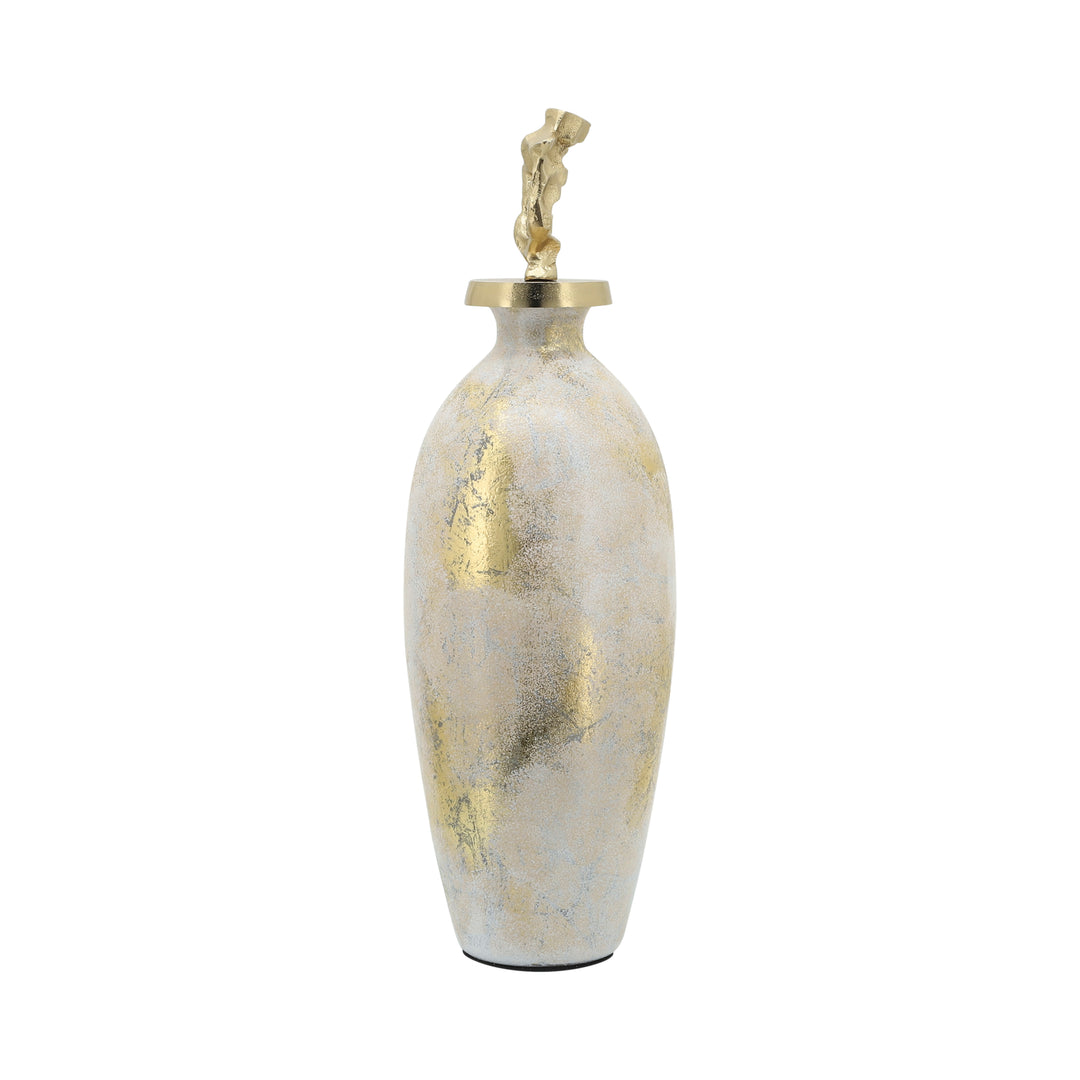 Glass, 20"h Metal Vase Tribal Topper,  White/gold