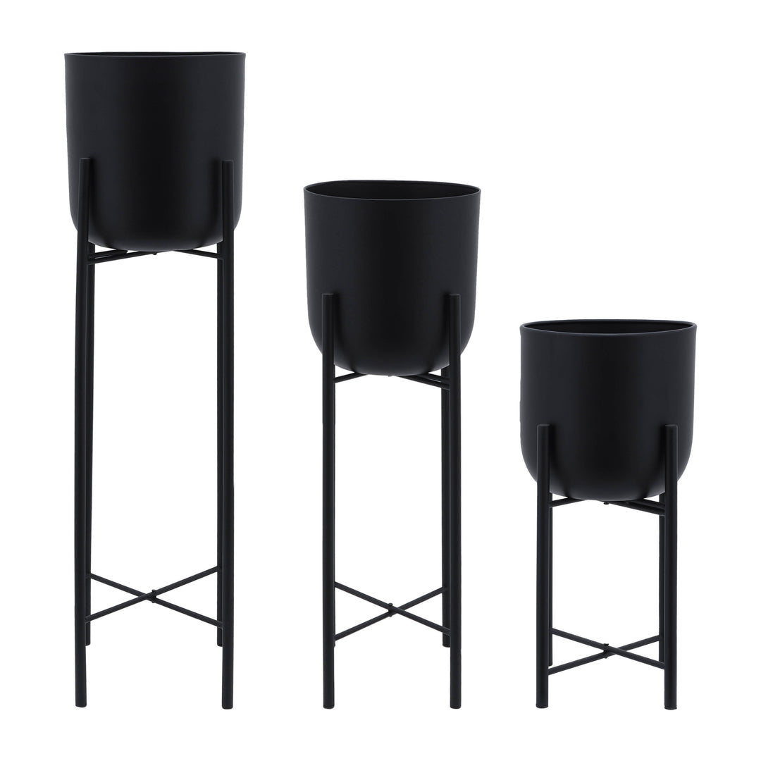 S/3 Metal Planters On Stand 40/30/20"h, Black