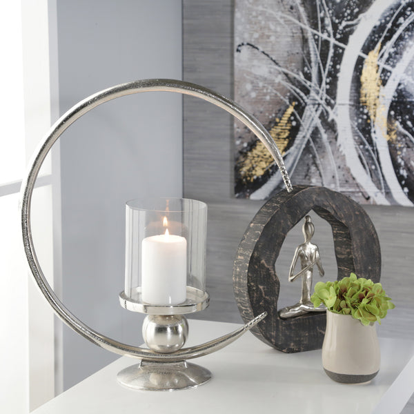 Aluminum 19" Ring Candle Holder W/glass, Silver