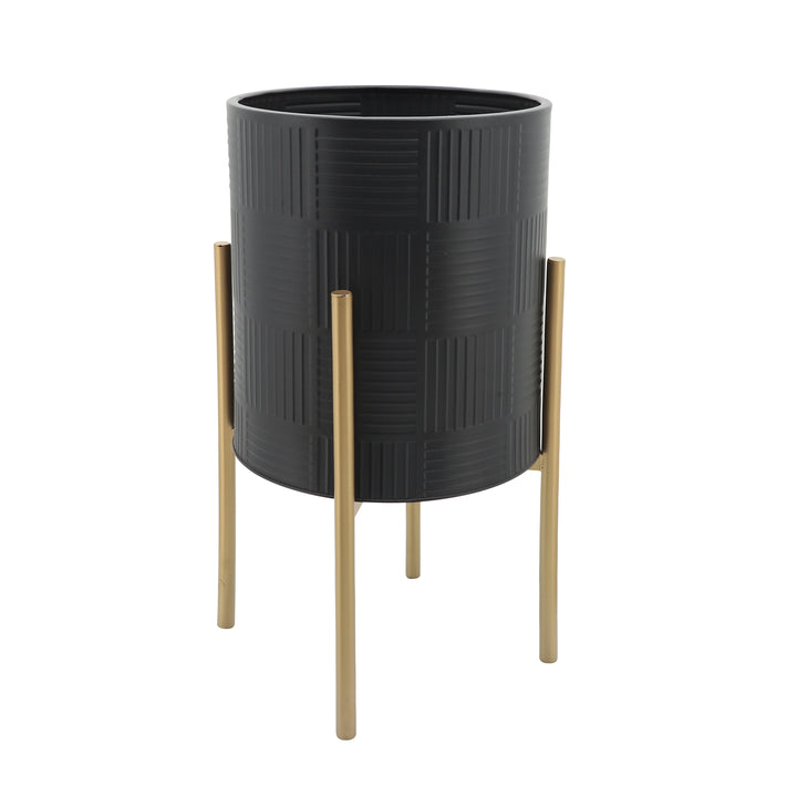 S/2 Planter W/ Lines On Metal Stand, Black/gold