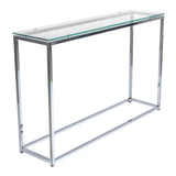 SANDOR LONG CONSOLE TABLE WITH CLEAR TEMPERED GLASS TOP AND CHROME FRAME - AmericanHomeFurniture