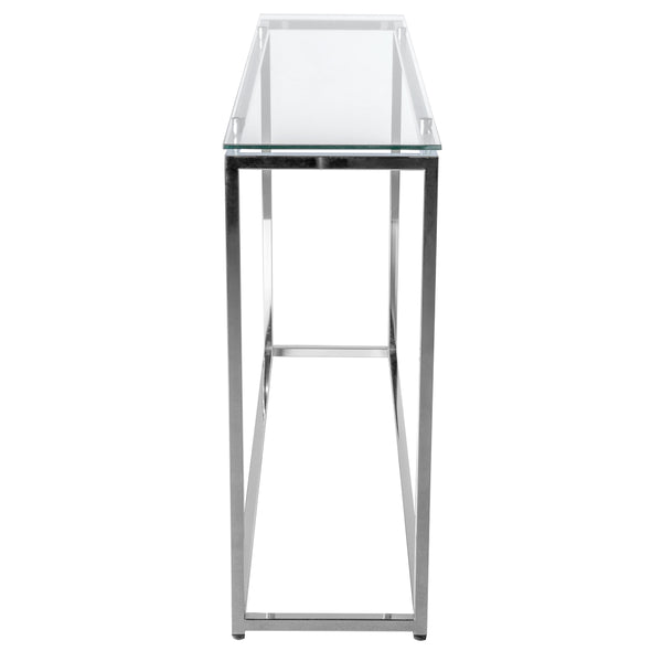 SANDOR LONG CONSOLE TABLE WITH CLEAR TEMPERED GLASS TOP AND CHROME FRAME - AmericanHomeFurniture