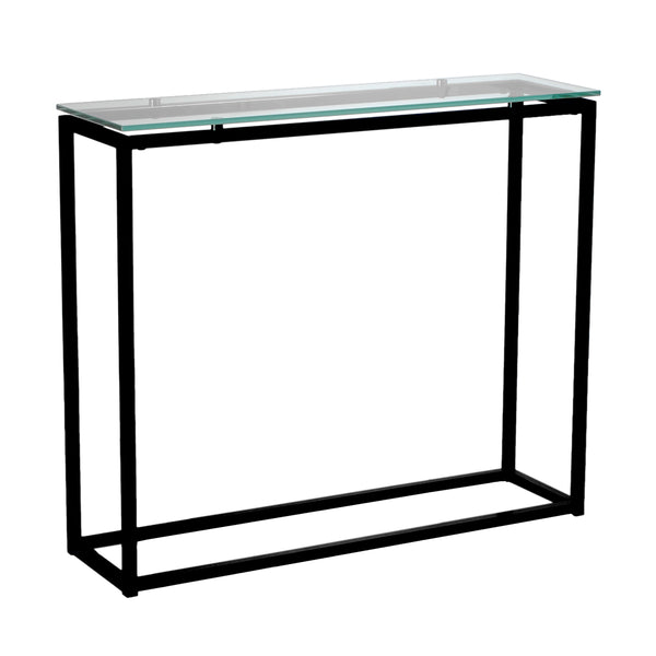 SANDOR CONSOLE TABLE WITH CLEAR TEMPERED GLASS TOP AND BLACK FRAME - AmericanHomeFurniture