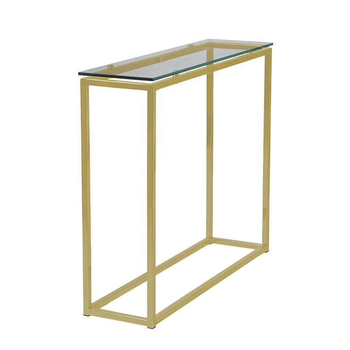 SANDOR CONSOLE TABLE WITH CLEAR TEMPERED GLASS TOP AND MATTE BRUSHED GOLD FRAME - AmericanHomeFurniture