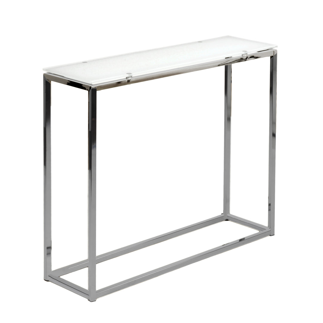SANDOR CONSOLE TABLE WITH PURE WHITE TEMPERED GLASS TOP AND CHROME FRAME - AmericanHomeFurniture