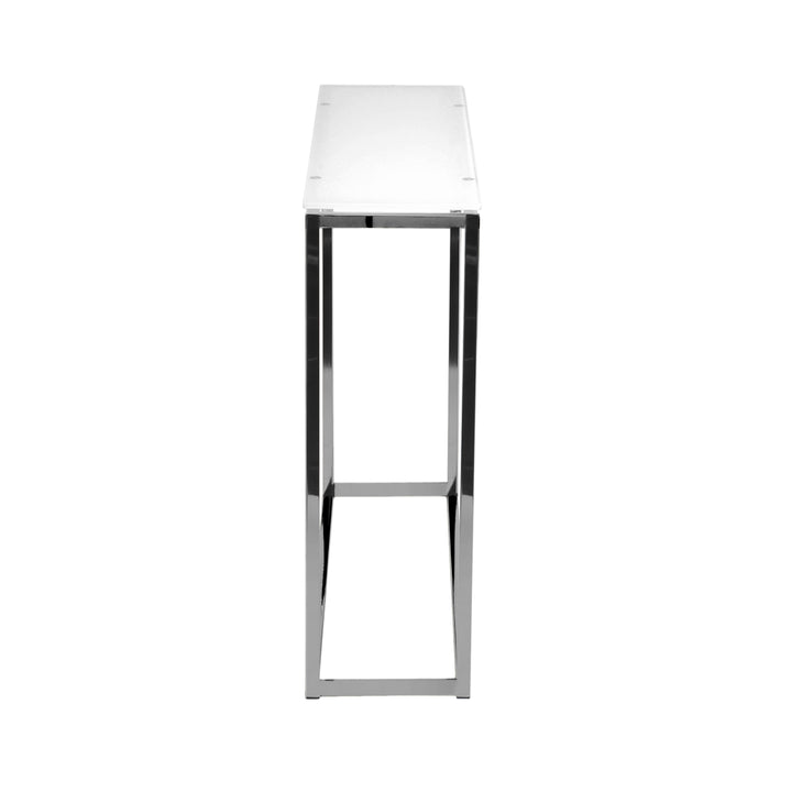 SANDOR CONSOLE TABLE WITH PURE WHITE TEMPERED GLASS TOP AND CHROME FRAME - AmericanHomeFurniture