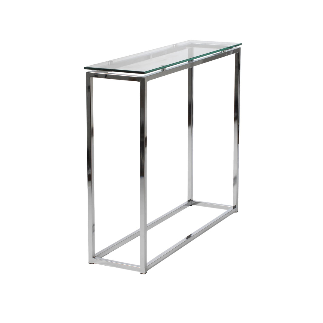 SANDOR CONSOLE TABLE WITH CLEAR TEMPERED GLASS TOP AND CHROME FRAME - AmericanHomeFurniture