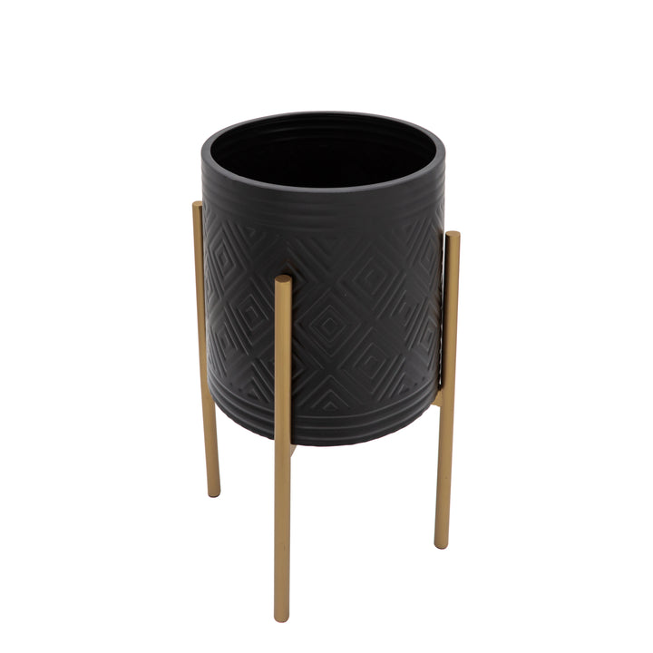 S/2 Aztec Planter On Metal Stand, Black/gold