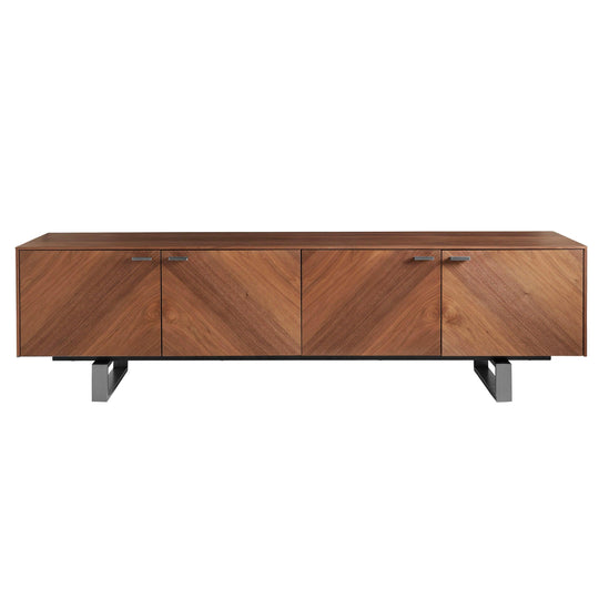 Euro Style ALVARADO 71" MEDIA STAND IN AMERICAN WALNUT WITH BRUSHED STAINLESS STEEL BASE MEDIA + TV STANDS