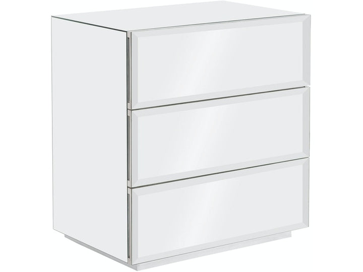 ARGENTA MIRRORED 3 DRAWER NIGHTSAND WIRH BEVELED DRAWERS.