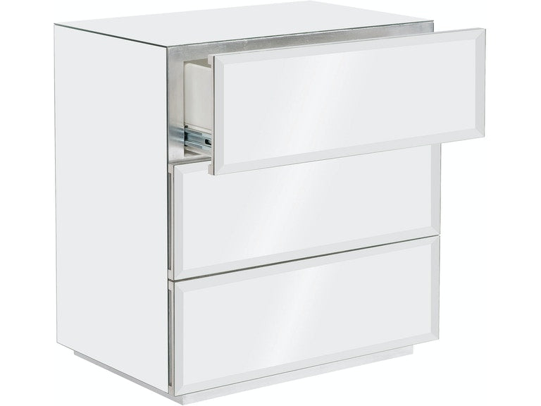 ARGENTA MIRRORED 3 DRAWER NIGHTSAND WIRH BEVELED DRAWERS.